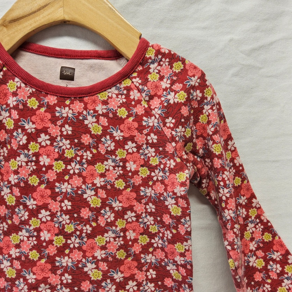 Tea Collection Floral Top Kids Size 2 Pink Red‎ Raglan Long Sleeve 6F12112